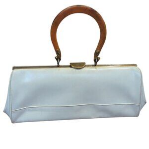 Vintage White Faux Leather Bag - Hinged Opening